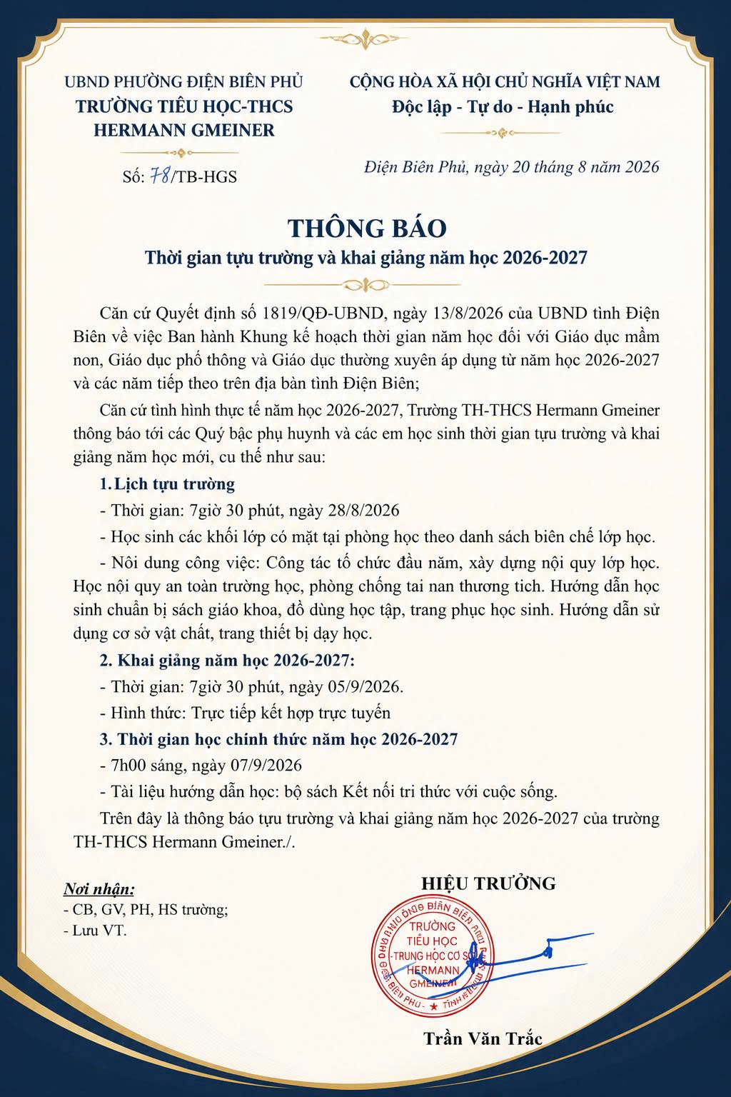 THÔNG BÁO THỜI GIAN TỰU TRƯỜNG NĂM HỌC 2026-2027